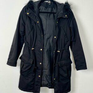 H&M Divided Hooded Mid Length Winter Coat in Black Womens Small